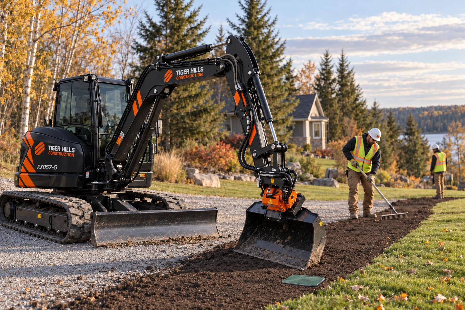 Illustrative Tiger Hills Kubota and crew carefully restoring topsoil beside an established lawn.